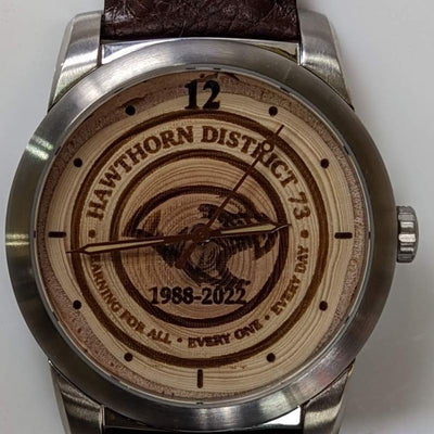 Custom engraved corporate gift watch with a Douglas-fir wood dial, example 1