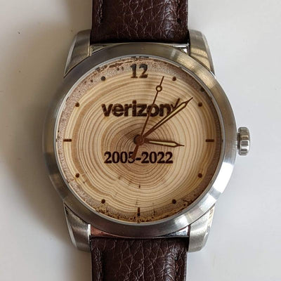 Custom engraved corporate gift watch with a Douglas-fir wood dial, example 2