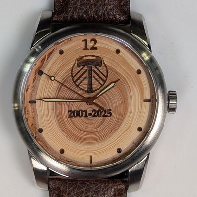 Custom engraved corporate gift watch with a Douglas-fir wood dial, example 6