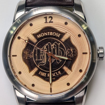 Custom engraved corporate gift watch with a Douglas-fir wood dial, example 8