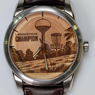 Custom engraved corporate gift watch with a Douglas-fir wood dial, example 9