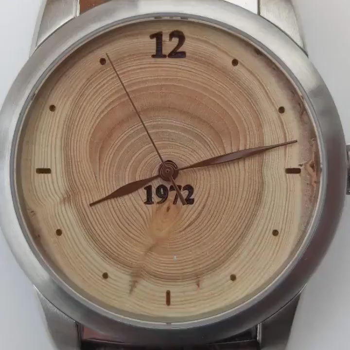 Men's wood watch made of Tree Rings birthday or anniversary Gift.  Customize the number of annual tree rings to match recipients birth year.