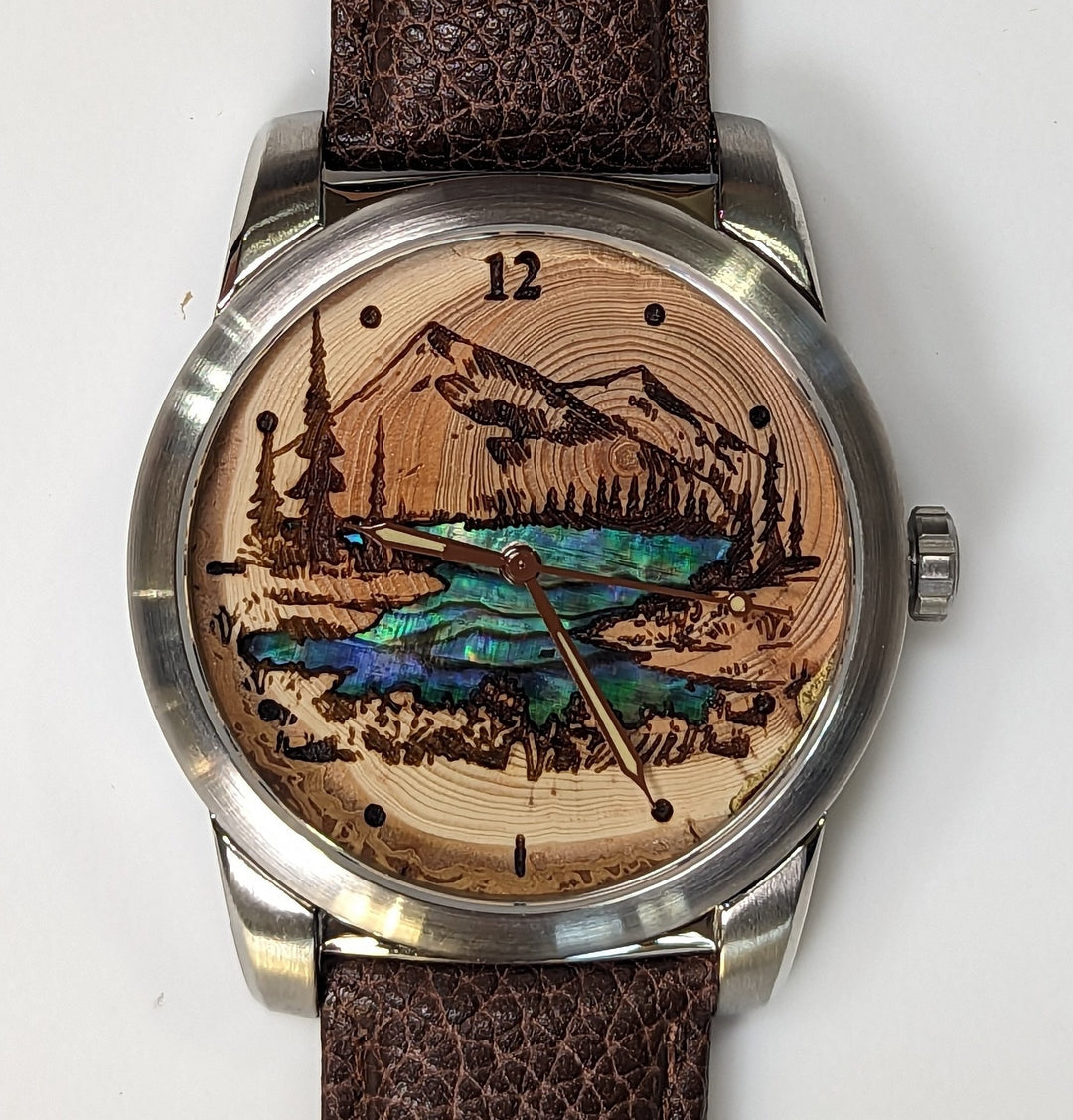 Wooden watch featuring a Douglas-fir dial with mother-of-pearl inlay, ideal for a 30th anniversary gift.