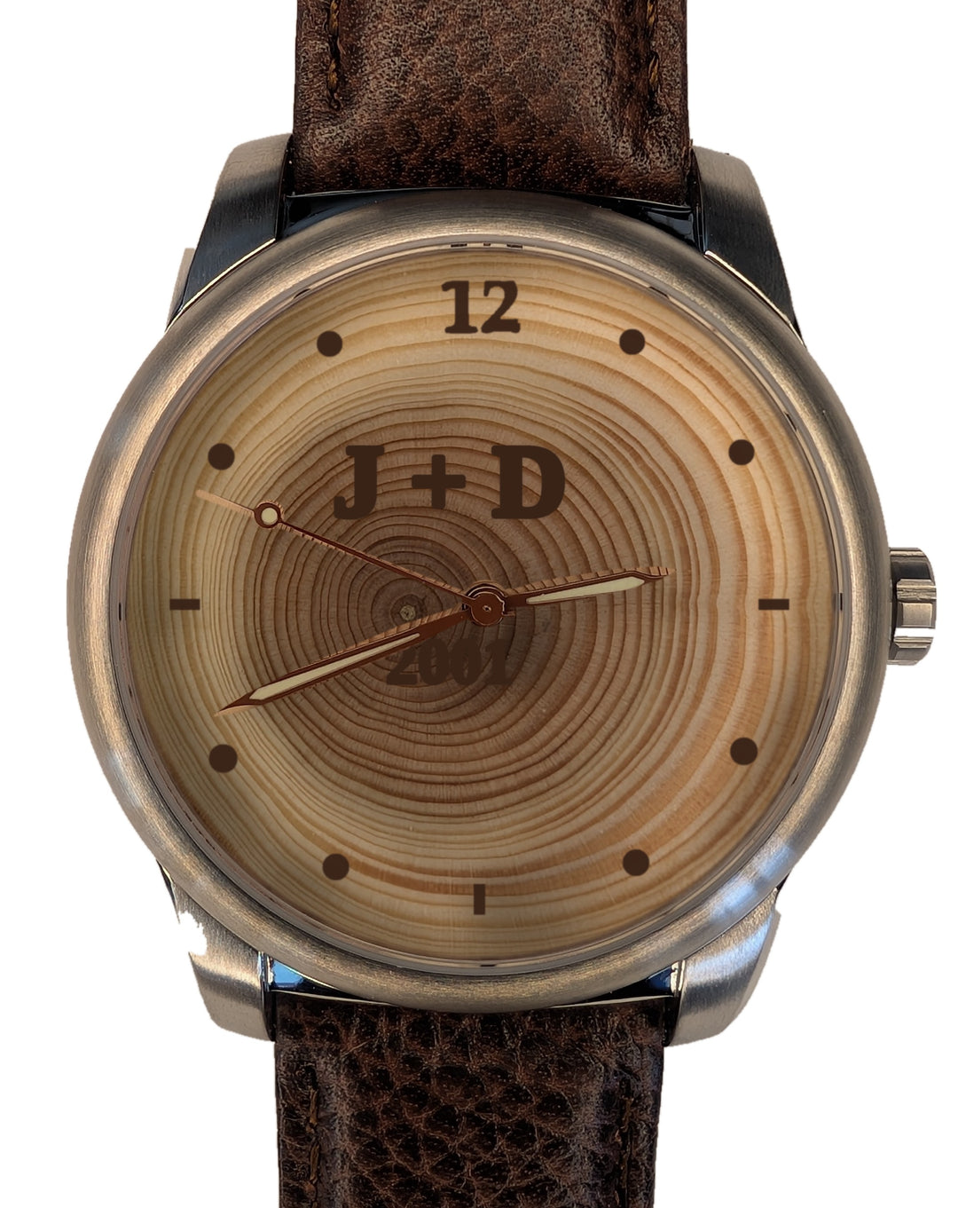 Handmade 25-year tree ring wood watch dial engraved 2001 with initials