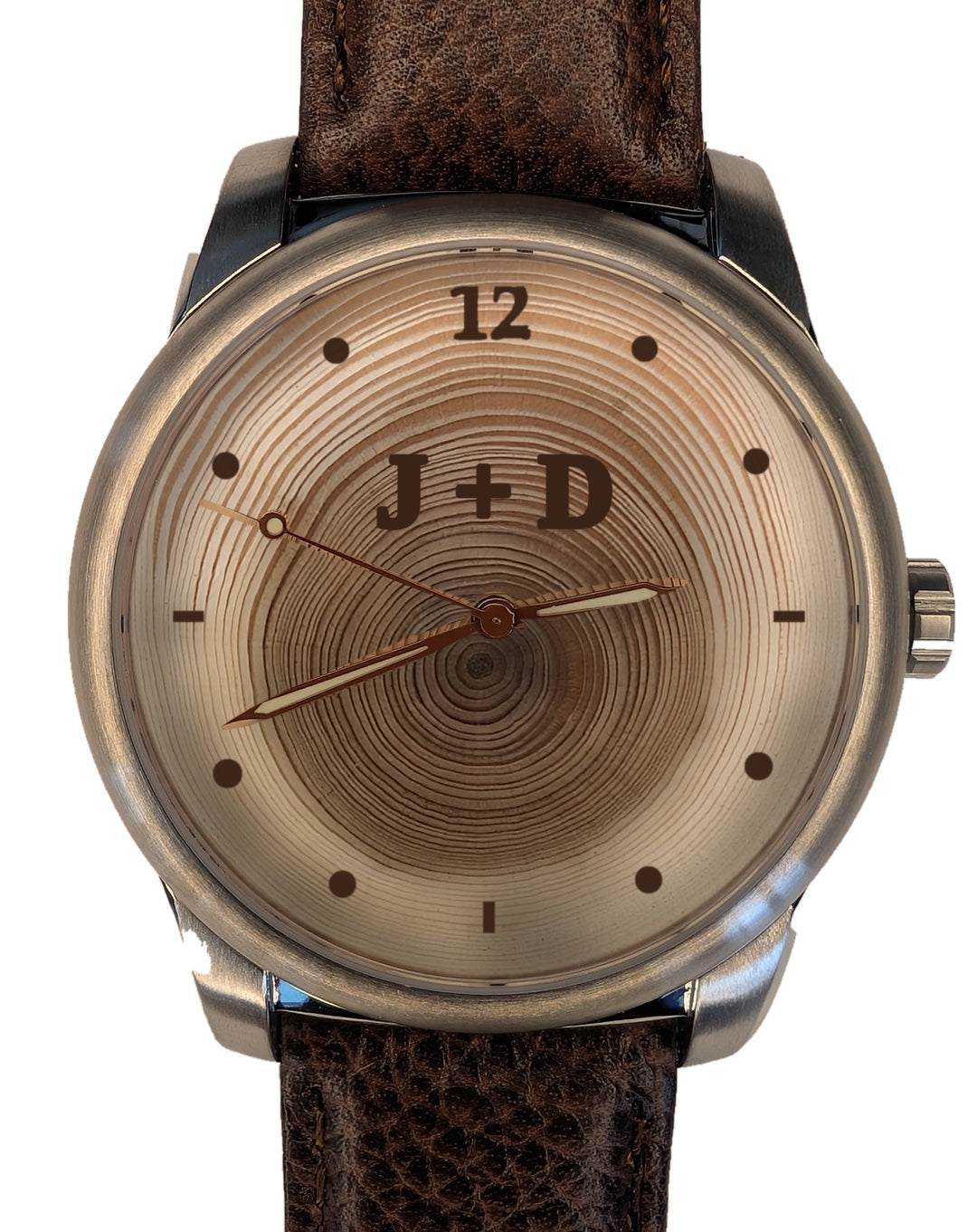 Handmade 30-year tree ring wood watch dial with engraved initials