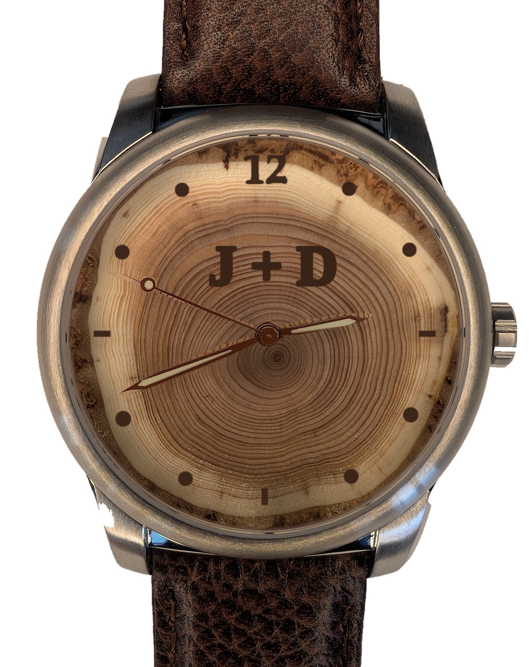 Handmade 40-year tree ring wood watch dial with engraved initials