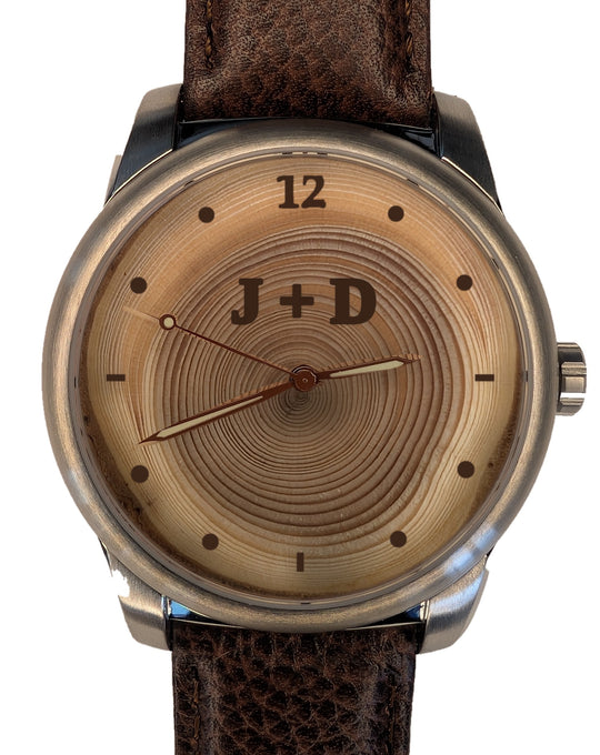 Tree ring dial with 45 rings and engraved initials
