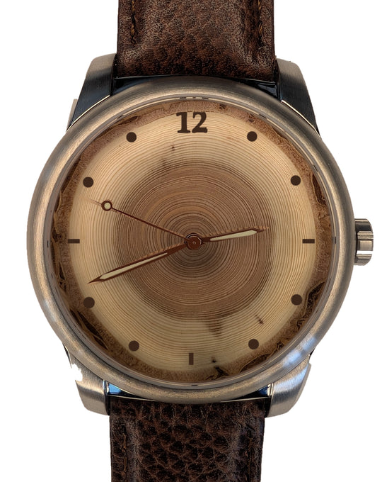 Handmade 50-year tree ring wood watch, standard dial