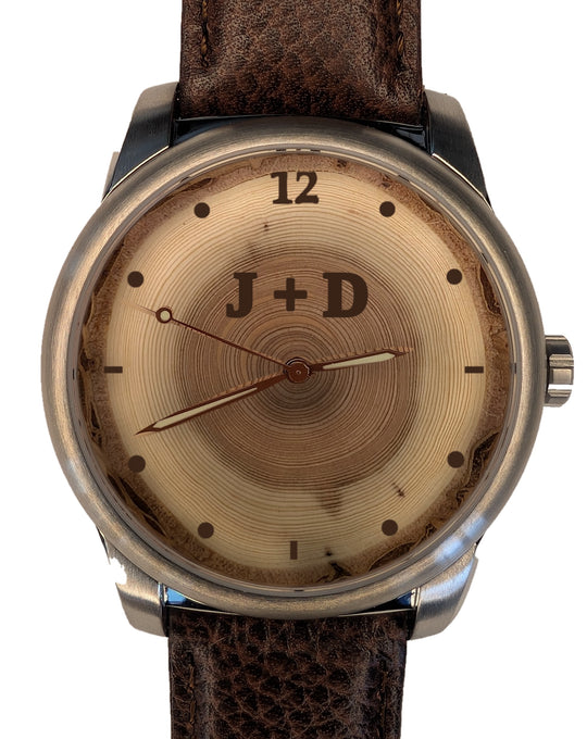 Handmade 50-year tree ring wood watch dial with engraved initials