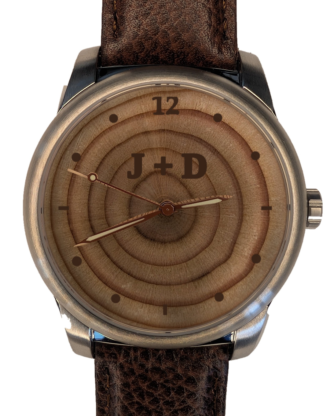 Handmade 5-year tree ring wood watch dial with engraved initials