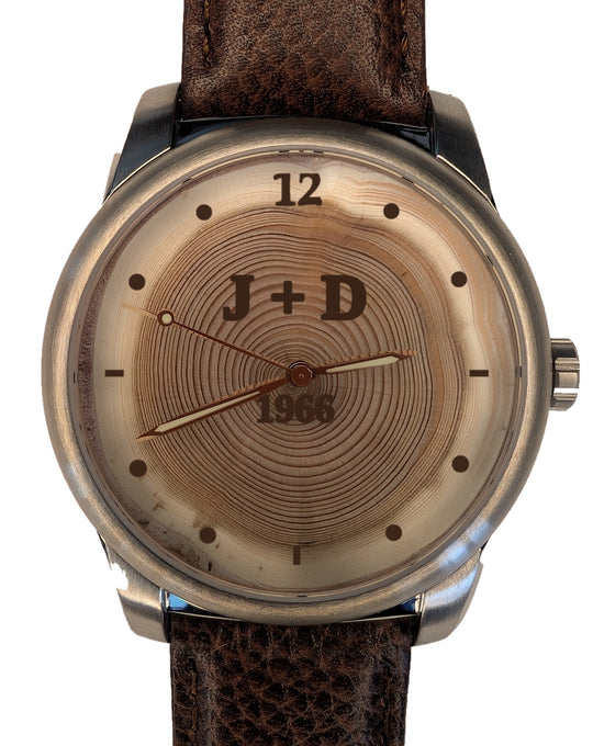 Handmade 60-year tree ring wood watch dial engraved 1966 with initials