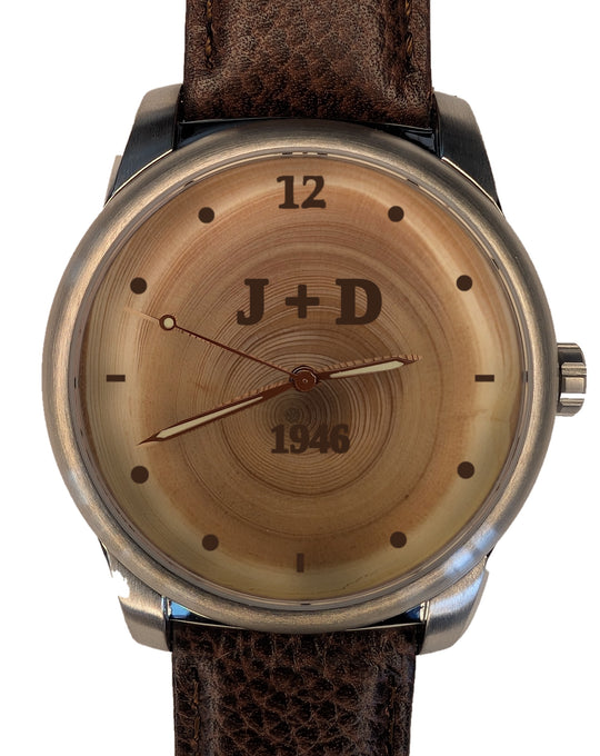 Handmade 80-year tree ring wood watch dial engraved 1946 with initials