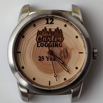 Custom engraved corporate gift watch with a Douglas-fir wood dial, example 3