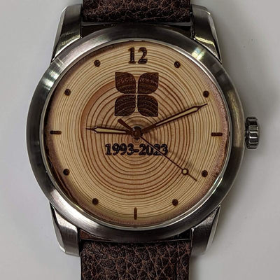 Custom engraved corporate gift watch with a Douglas-fir wood dial, example 4