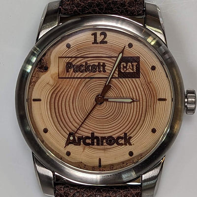 Custom engraved corporate gift watch with a Douglas-fir wood dial, example 5