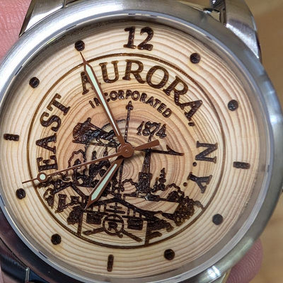 Custom engraved corporate gift watch with a Douglas-fir wood dial, example 7