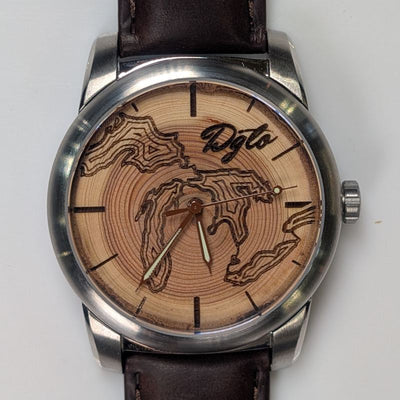 Custom engraved corporate gift watch with a Douglas-fir wood dial, example 10