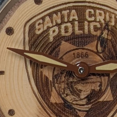 Custom engraved corporate gift watch with a Douglas-fir wood dial, example 11