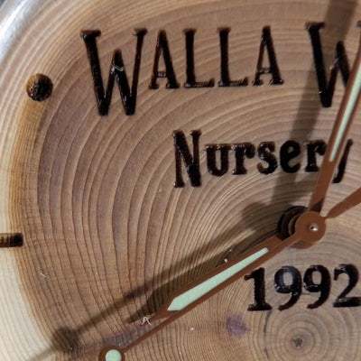 Custom engraved corporate gift watch with a Douglas-fir wood dial, example 12