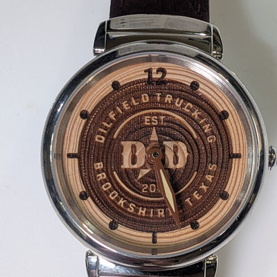 Custom engraved corporate gift watch with a Douglas-fir wood dial, example 13