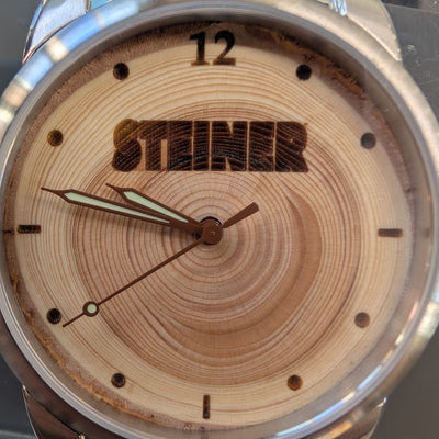 Custom engraved corporate gift watch with a Douglas-fir wood dial, example 14