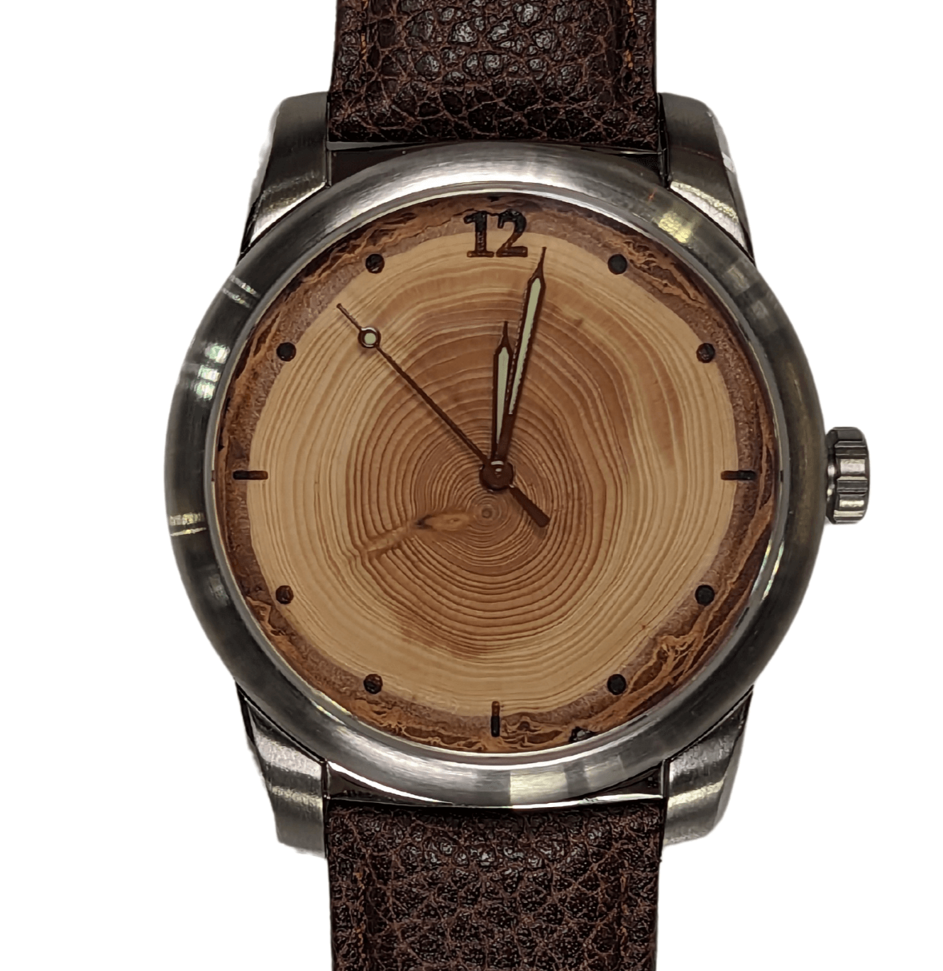 Tree ring watch with leather strap, showcasing natural wood grain matching recipient's special year.