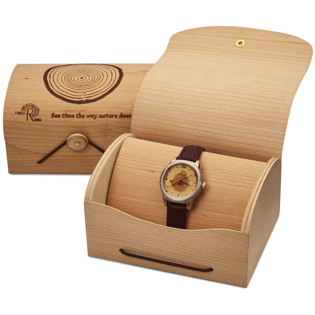 Colorado Bison Gift Watch in wood box, featuring Douglas-fir and Mother of Pearl inlay, emphasizing nature's beauty.