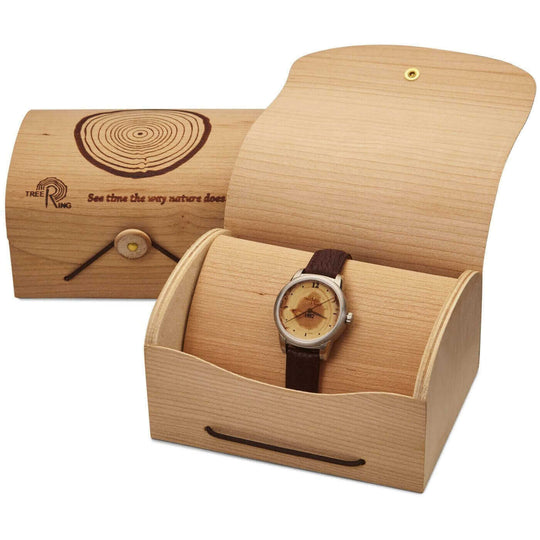 Colorado Bison Gift Watch in wood box, featuring Douglas-fir and Mother of Pearl inlay, emphasizing nature's beauty.