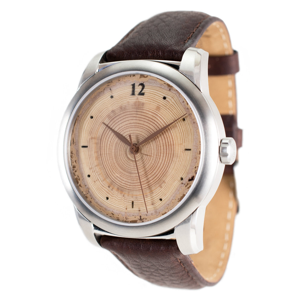 30th wedding anniversary gift watch with Douglas-fir wood dial and mother-of-pearl inlay, Seiko Mecha Quartz