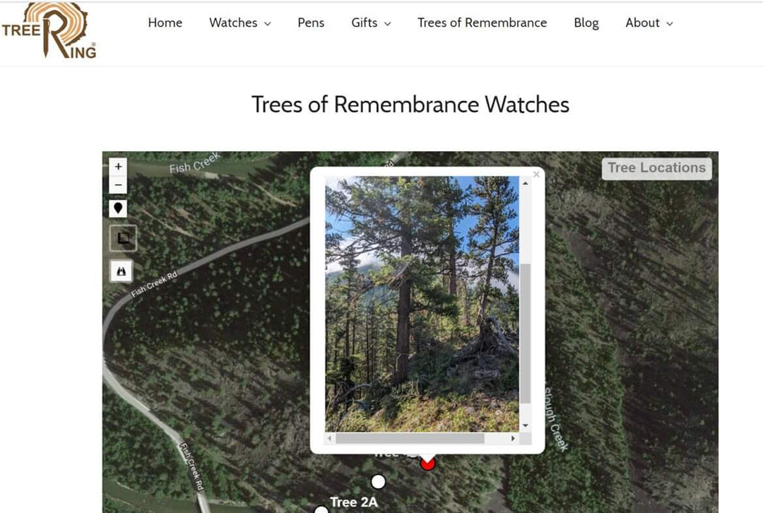 Map view showing location of Trees of Remembrance Watches with a photo of a living tree on Tree Ring website.