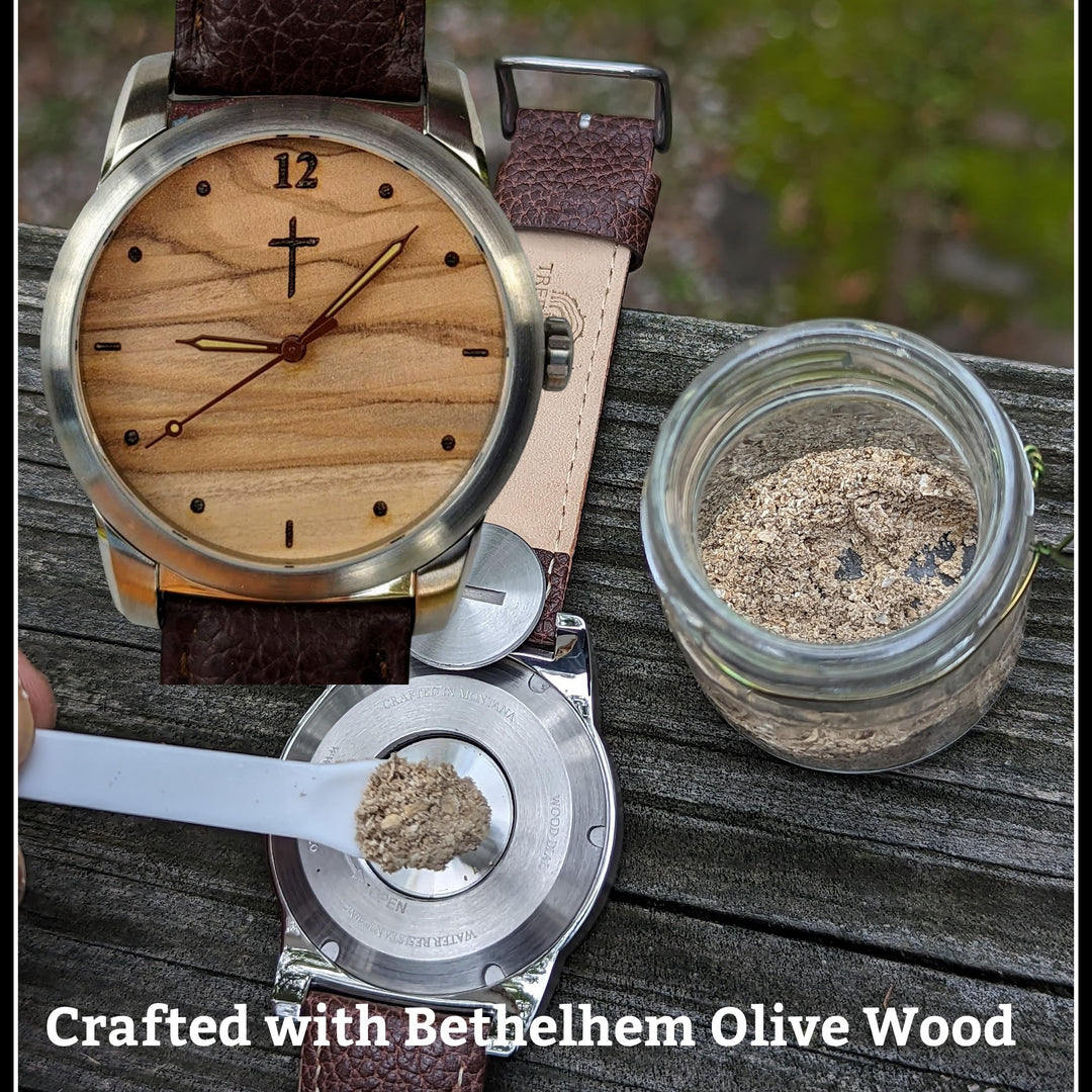 Watch made from Bethlehem olive wood with cremation ashes compartment and small jar of ashes.